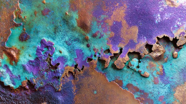 Vivid extreme macro shot of electrolytic corrosion on a metal surface, featuring intricate pitted textures and vibrant teal and purple oxidation patterns, industrial decay and chemical complexity.