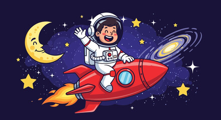 Naklejka premium Astronaut child on rocket in space with celestial elements illustration