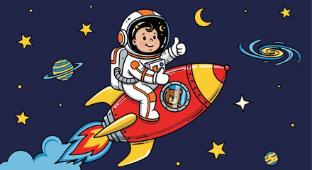 Naklejka premium Astronaut child on rocket ship exploring space with stars and planets