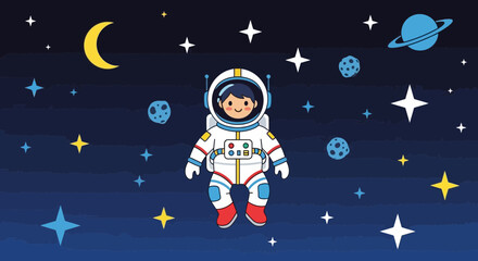 Fototapeta premium Astronaut floating in space surrounded by stars and planets illustration