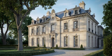 Fototapeta premium Luxury classical mansion with landscaped garden