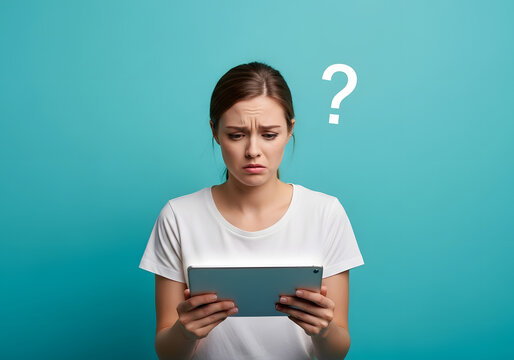 Puzzled Woman with Tablet: A woman is holding a tablet with a question mark above her head, expressing a sense of confusion.