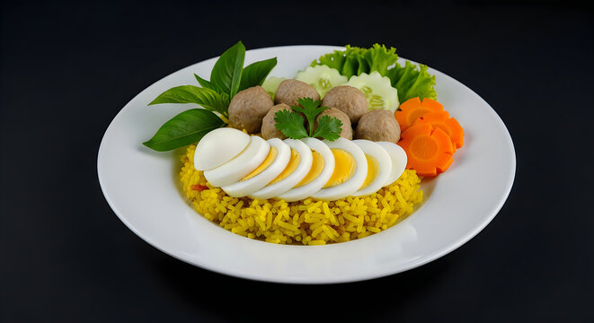 Delicious nasi lemak a traditional malaysian rice dish with various toppings