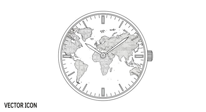 Minimalist world map clock face black white icon