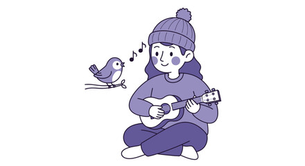 Fototapeta premium Smiling girl plays ukulele with bird singing on a branch