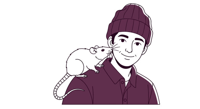 Smiling man in beanie with pet rat on his shoulder