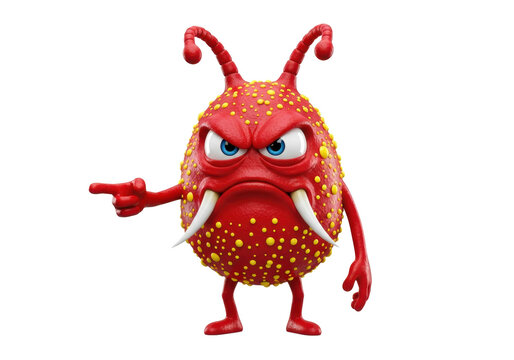 detailed, disgruntled crimson anthropomorphic virus mascot with large sapphire-blue eyes and tusks, making an accusatory gesture in a 3d render against a transparent background. concept for
