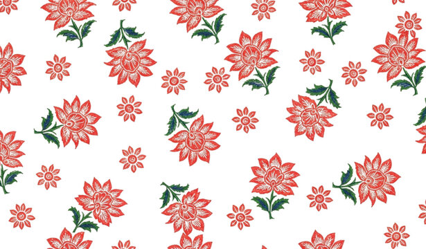 Seamless Indian block print floral pattern with scattered red flowers and airy cream background