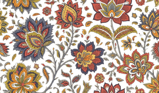 Elegant Indian block print seamless floral pattern with detailed red petals on pale cream background