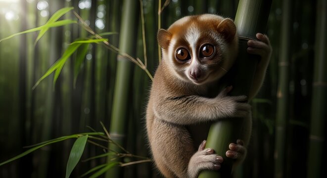 A small, wide-eyed slow loris clings to a bamboo stalk in a lush, green forest.