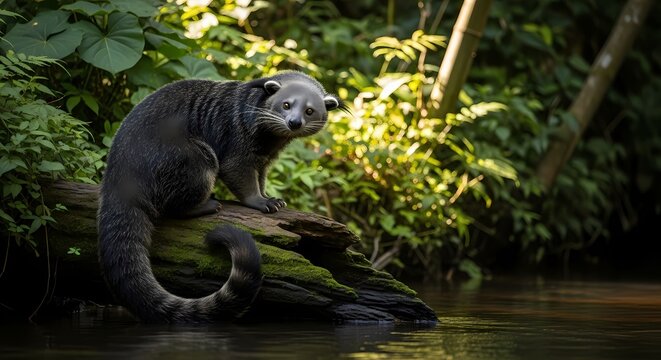 A Binturong, also known as a bearcat, sits on a mossy log near the water in a lush green forest.