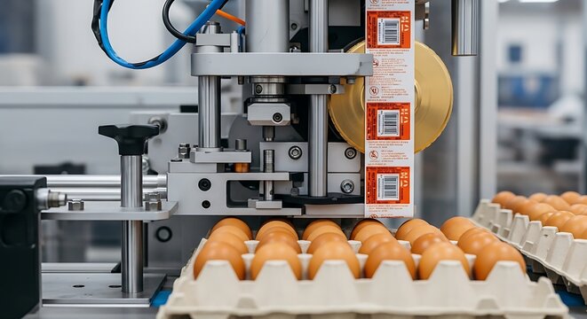 Automated machine precisely labels fresh brown eggs in cartons, optimizing packaging and ensuring robust product traceability in a food production facility