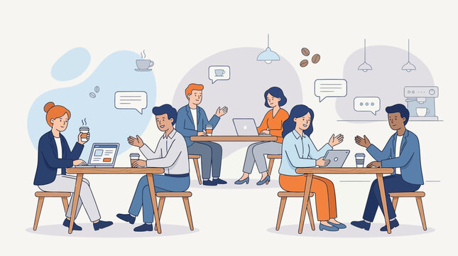 Group of people at a cafe, chatting and working on laptops. Suitable for illustrating a modern work environment or socializing scene.