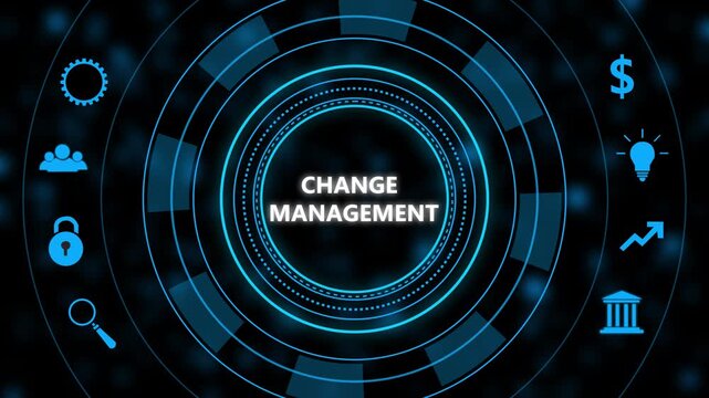 Change management digital concept featuring glowing blue circular interface with business for corporate transformation strategy and