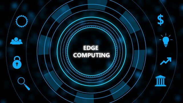 Edge computing concept digital interface featuring glowing blue circular h u d with network for data processing and cloud infrastructure