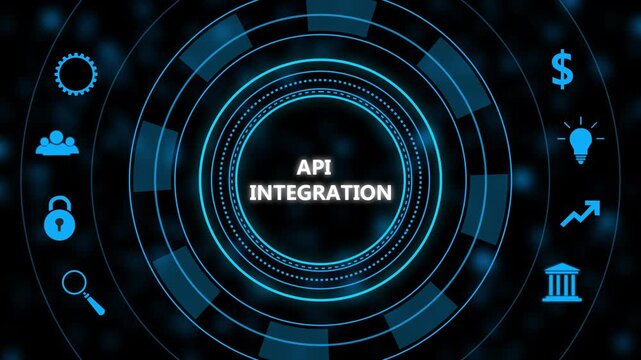 A p i integration concept with glowing blue digital interface and circular h u d featuring for business finance security technology innovation