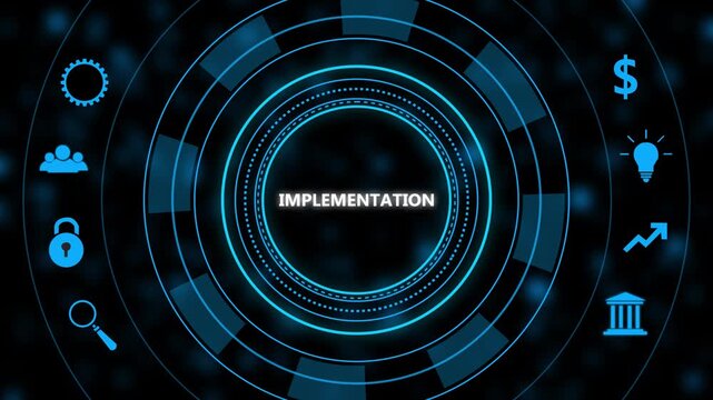 Digital business implementation concept featuring glowing blue circular interface with for strategy management growth innovation and corporate