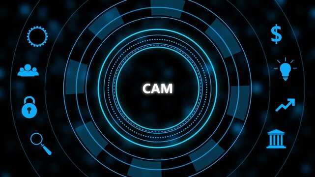 C a m computer aided manufacturing digital interface with glowing blue circular h u d and industrial for smart factory automation and advanced