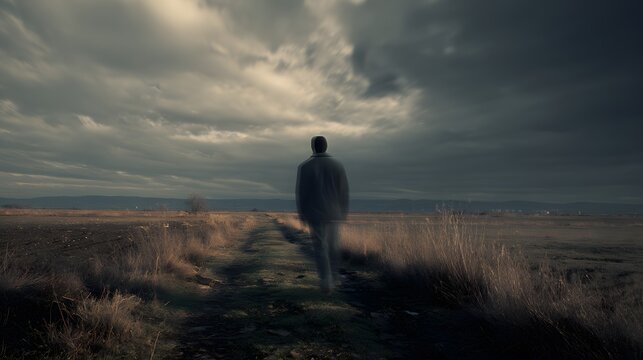 prompt A demon possessed man walking toward Jesus while his movement path appears slightly offset from his body orientation, symbolizing misdirection of the soul + burial terrain with faint linear pat