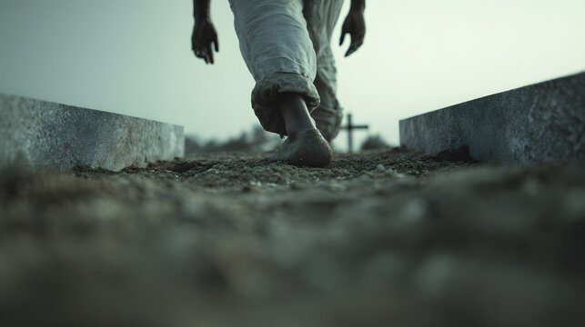 prompt A demon possessed man struggling to move forward as if the ground resists his steps while approaching Jesus + textured burial terrain appearing to grip or resist motion subtly + low diffused li