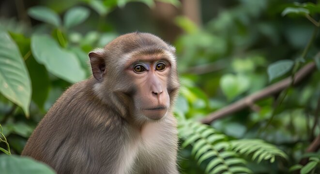 A close-up portrait of a monkey with light brown fur sitting amidst lush green foliage in a forest setting.