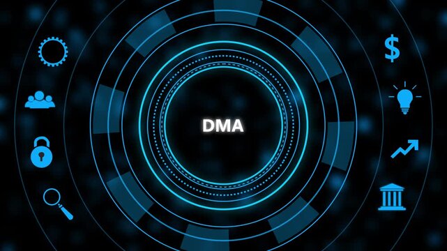 D m a digital markets act concept with glowing blue circular interface featuring business finance and technology for regulatory compliance data
