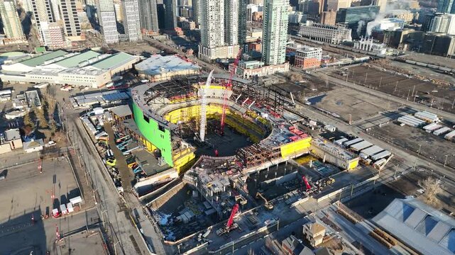 Aerial view of new hockey arena under construction in Calgary, Alberta. 