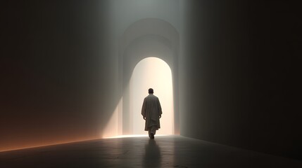 Obraz premium prompt A demon possessed man nearing Jesus with forward motion slowing as if approaching a decisive moment + minimal burial environment fading into open light-filled space ahead + balanced soft lighti