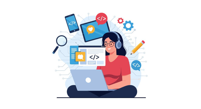 A businesswoman in tech is depicted coding on her laptop surrounded by technology icons in a flat lay composition against a clean white background, symbolizing International Girls in ICT