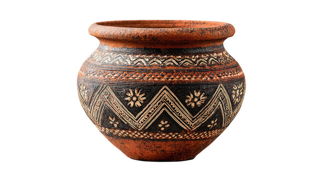 Handmade clay pot with geometric ethnic patterns background isolated on a Transparent background, PNG file.