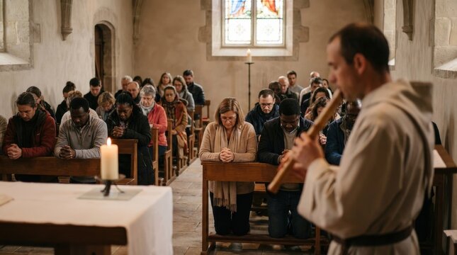 Man playing flute in church.