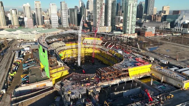 Aerial view of new hockey arena under construction in Calgary, Alberta. 