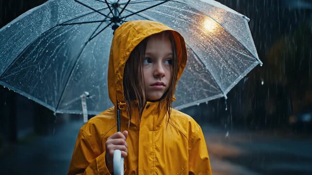Young girl in yellow raincoat under clear umbrella in heavy rain