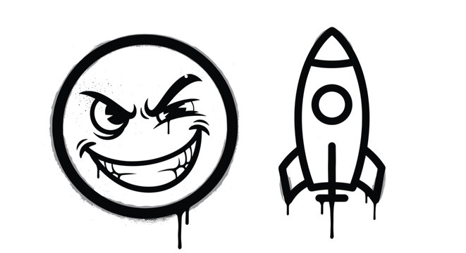 Graffiti winking emoji and rocket ship vector set with bold black outlines and urban spray drips on white