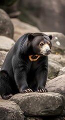 Fototapeta premium A sun bear with a distinctive yellow marking on its chest sits on a rock in a naturalistic enclosure.