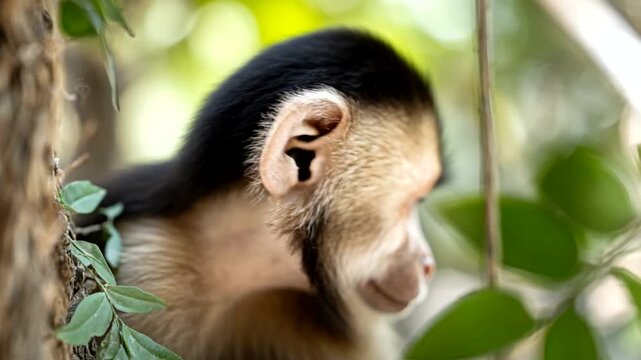 Playful monkey perched among lush green foliage
