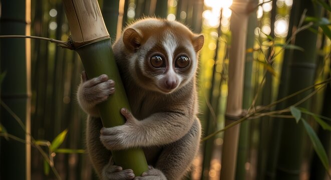A cute slow loris clings to a bamboo stalk in a lush green forest with soft sunlight filtering through the trees.