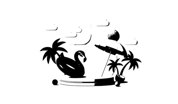 Summer sale podium vector with flamingo float palm trees and beach umbrella tropical banner design elements