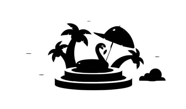 Cartoon summer sale banner vector with flamingo pool float podium palm trees umbrella and tropical elements