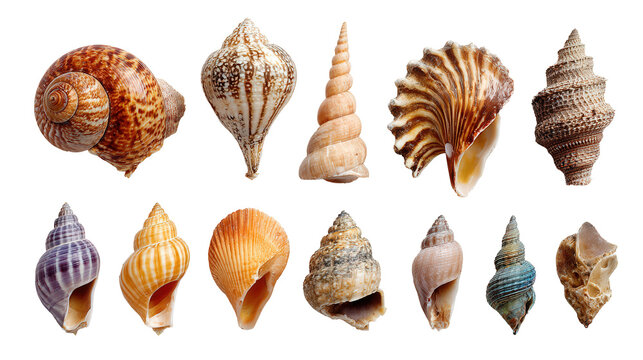 High-detail seashell collection arranged aesthetically background isolated on a Transparent background, PNG file.