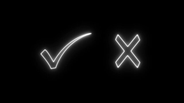 White   neon check mark and cross symbols on black background.