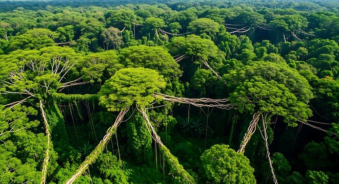 Aerial view of dense forest canopy with climbing plants intertwining trees, rich green palette, natural pattern, lush tropical environment with organic texture