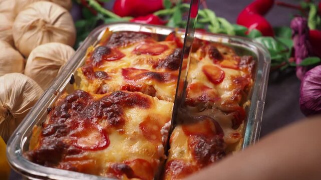 Chef cutting freshly baked cheesy lasagna with metal knife in glass tray kitchen cinematic.