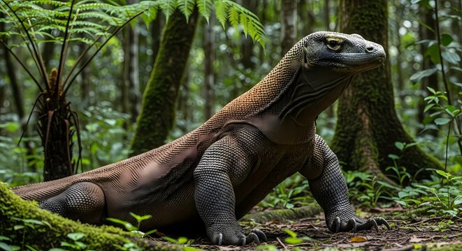 A large Komodo dragon lizard with scaly skin and powerful legs stands alert in a lush, green, tropical forest environment.