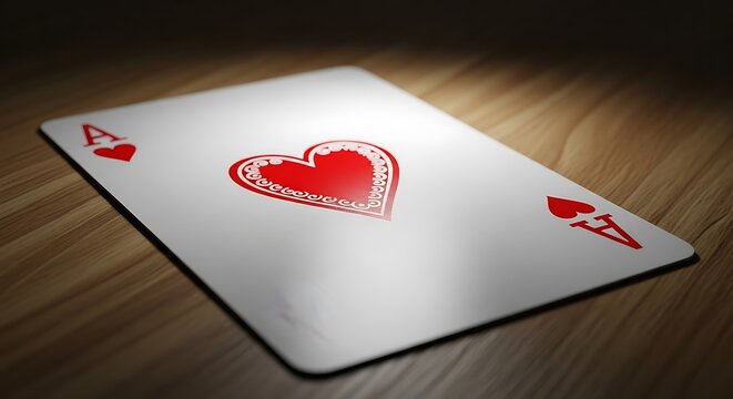 Ace of hearts playing card on wooden surface with dramatic lighting