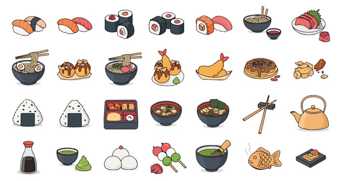 Assortment of japanese cuisine icons on black background