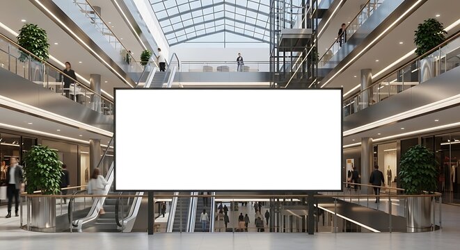 Blank billboard in shopping mall with escalators and people