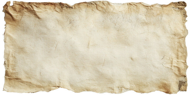 白い背景に孤立した、端がボロボロで古びた質感を持つ羊皮紙のような古い紙のテクスチャ素材。ヴィンテージ風のデザインや歴史的なメッセージ、手紙、地図の背景に最適な、しわやシミのあるアンティークな紙のイラストレーション。