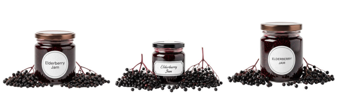 Elderberry Jam Jar with Sambucus nigra Elderberries - SEO Food Photography - Confiture de Sureau - Mermelada de Sa&uacute;co - Holundermarmelade - Dark Purple Berry Fruit Preserve for Healthy Morning Toast