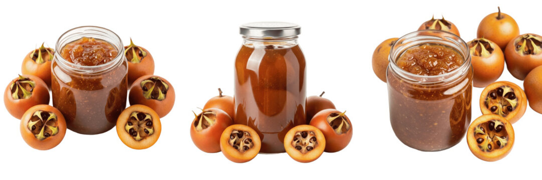 Medlar Jam Jar with Mespilus germanica Medlar Fruit - SEO Food Photography - Confiture de N&egrave;fle - Mermelada de N&iacute;spero - Mispelmarmelade - Brown Winter Fruit Preserve Spread for Gourmet Breakfast